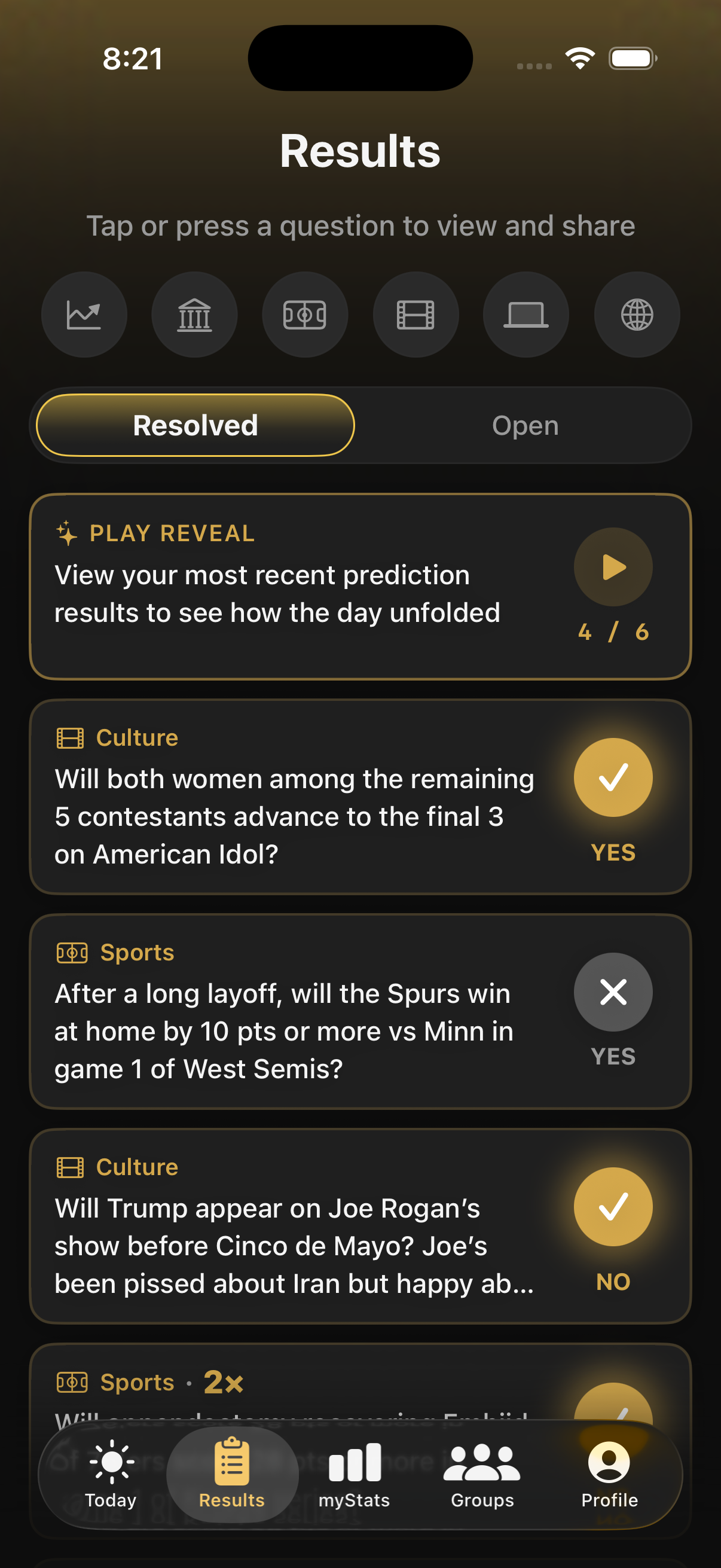 Results tab showing resolved predictions with correct answers and your picks